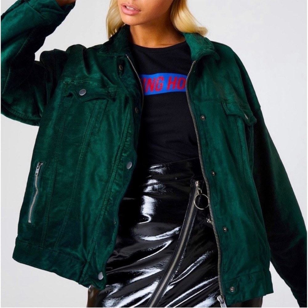 Free People Velvet Trucker Jacket Emerald Green Teal Zip Snap XS/S Boho Utility